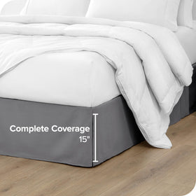 Bare Home king bed skirt hides under-bed clutter for a tidier space.