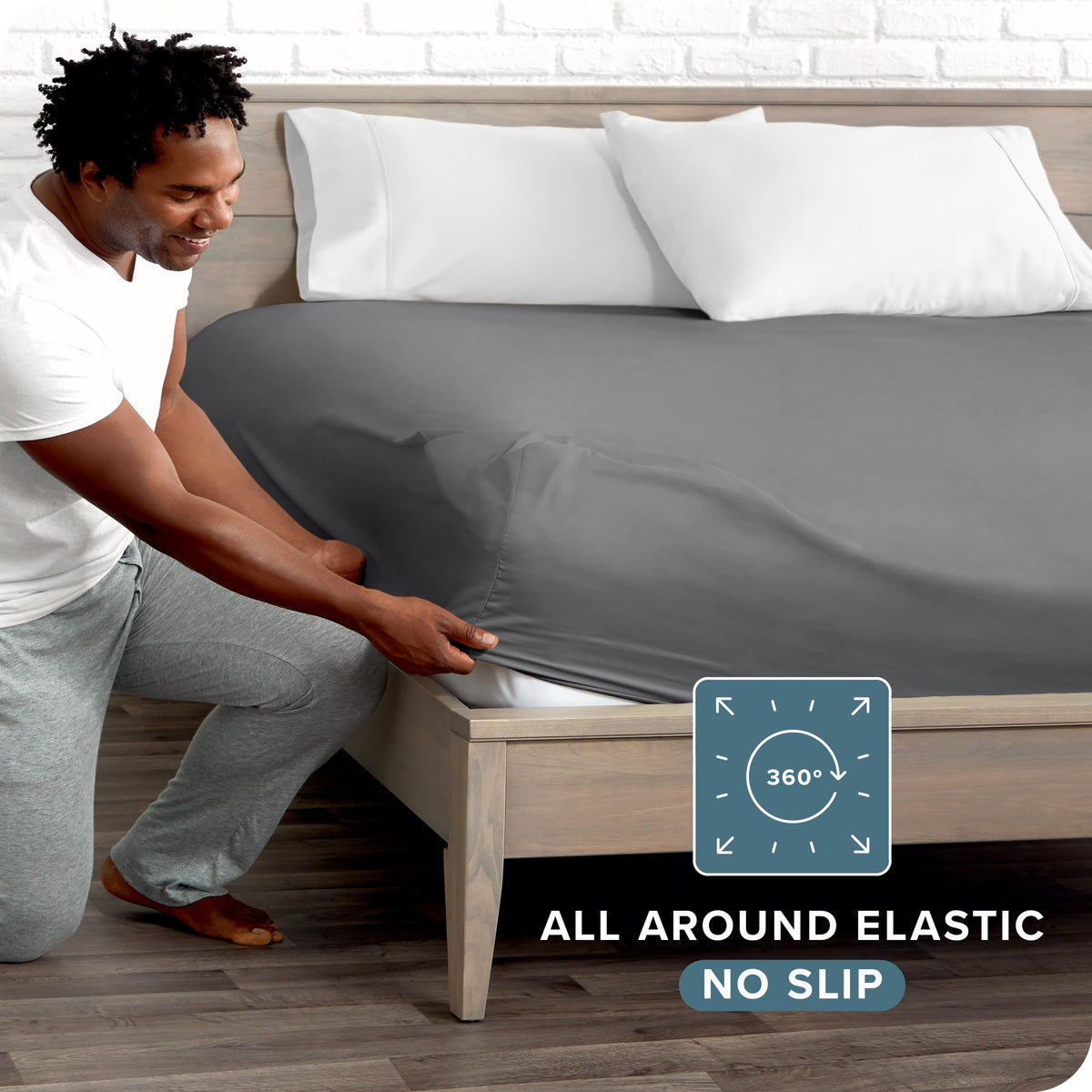Bare Home king grey sheet highlighting deep-pocket design for 6–15 in mattresses.