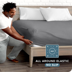 Bare Home king grey sheet highlighting deep-pocket design for 6–15 in mattresses.