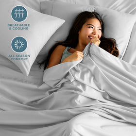 Bare Home king fitted sheet image highlights deep 15-inch pockets for secure fit.