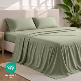Bare Home king sheet set on-bed display in sage showing drape and coverage.