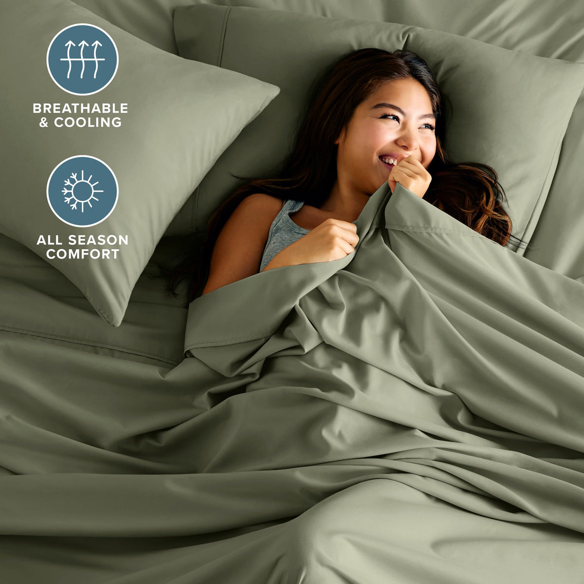 Bare Home king sheet set pillowcases in sage offer smooth edges and comfortable touch.