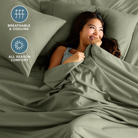 Bare Home king sheet set pillowcases in sage offer smooth edges and comfortable touch.