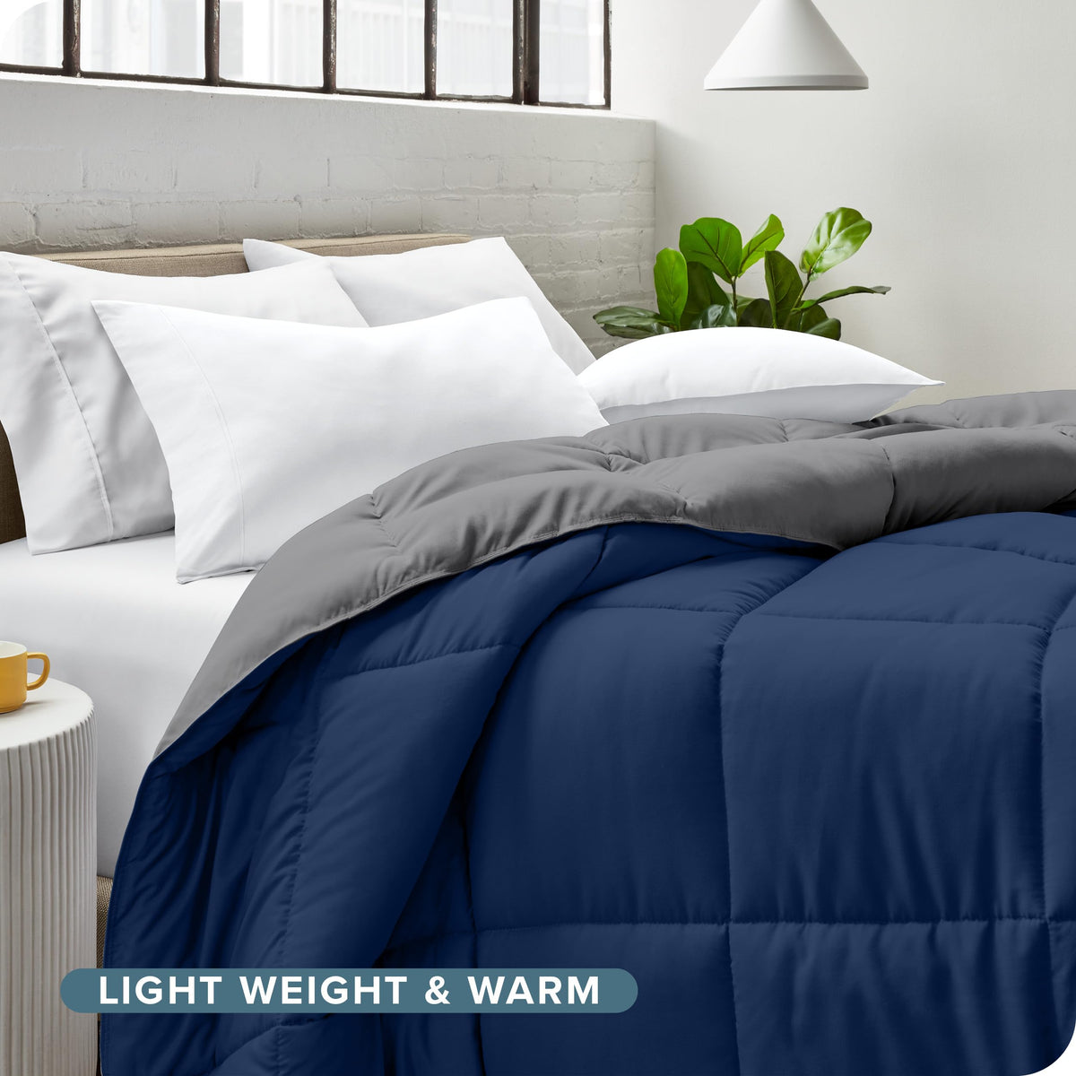 Bare Home queen comforter shows eight duvet loops for easy layering.
