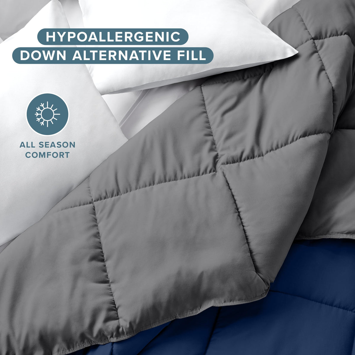 Bare Home queen comforter easy-care design compatible with standard washers.