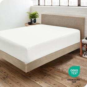 Bare Home queen fitted sheet folded demonstrates easy storage and tidy linen