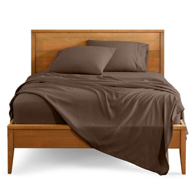 Bare Home queen flat sheet close-up in Cocoa, showcasing ultra-soft hydro-brushed microfiber for year-round comfort.