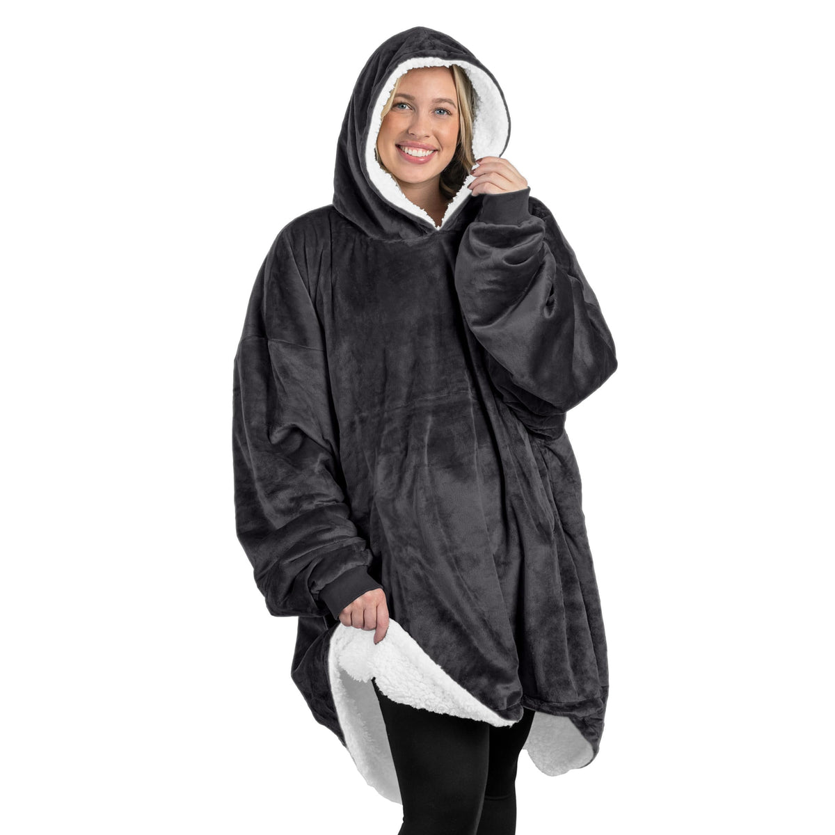 Bare Home sherpa fleece wearable blanket hoodie for cozy home lounging.