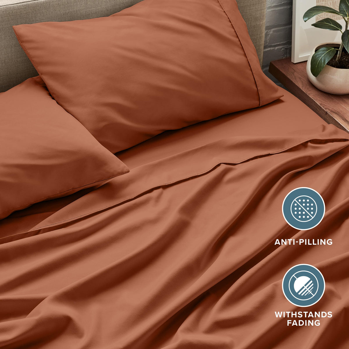 Terracotta fabric close-up from Bare Home shows hydro-brushed softness and texture.