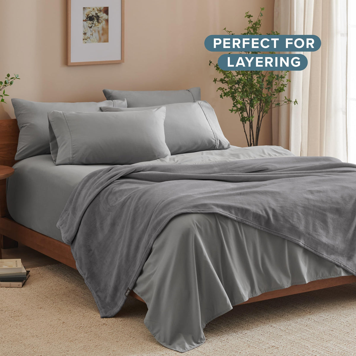 Bare Home grey fleece blanket shown as travel camping companion