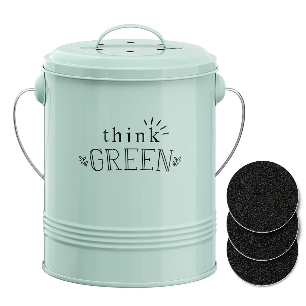 Barnyard Designs compost bin on kitchen counter with mint lid for odor-efficient waste collection.