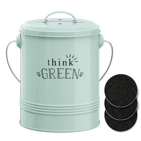 Barnyard Designs compost bin on kitchen counter with mint lid for odor-efficient waste collection.