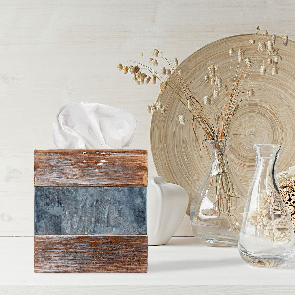 Barnyard Designs rustic metal and wood tissue box holder blends durability with vintage appeal.