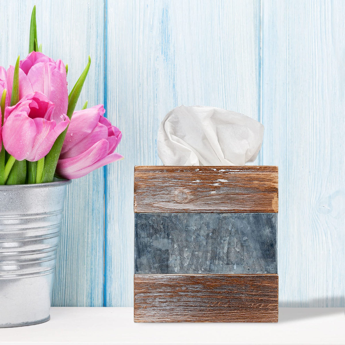 Barnyard Designs square tissue box cover with distressed wood brings rustic farmhouse charm.