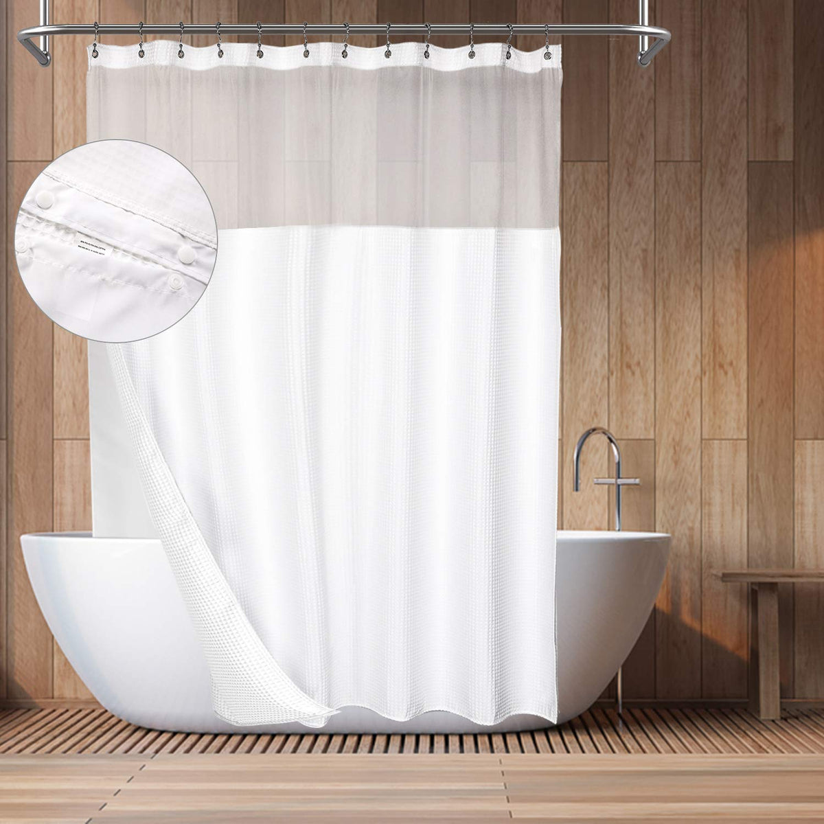 Barossa Design hotel style shower curtain with liner, showing easy snap on attachment