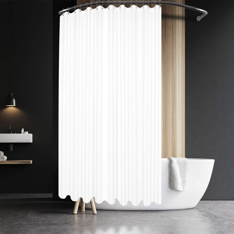 Barossa Design waffle-weave shower curtain in white adds spa-style elegance and generous coverage.