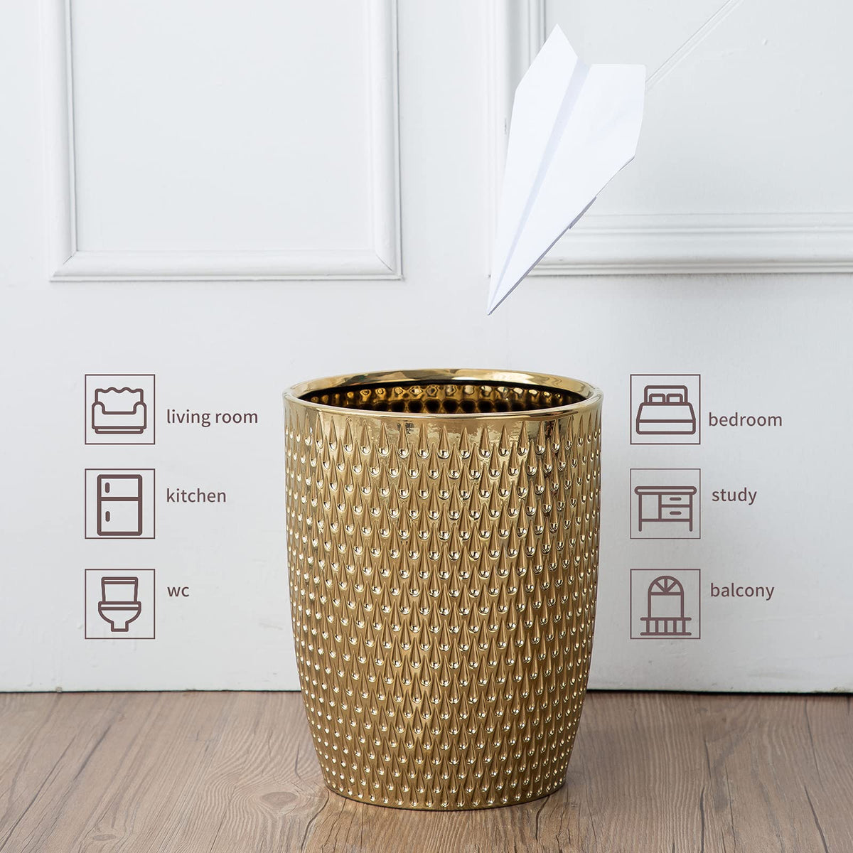 BASDHE ceramic trash bin with gold-plated finish adds luxury to any space.