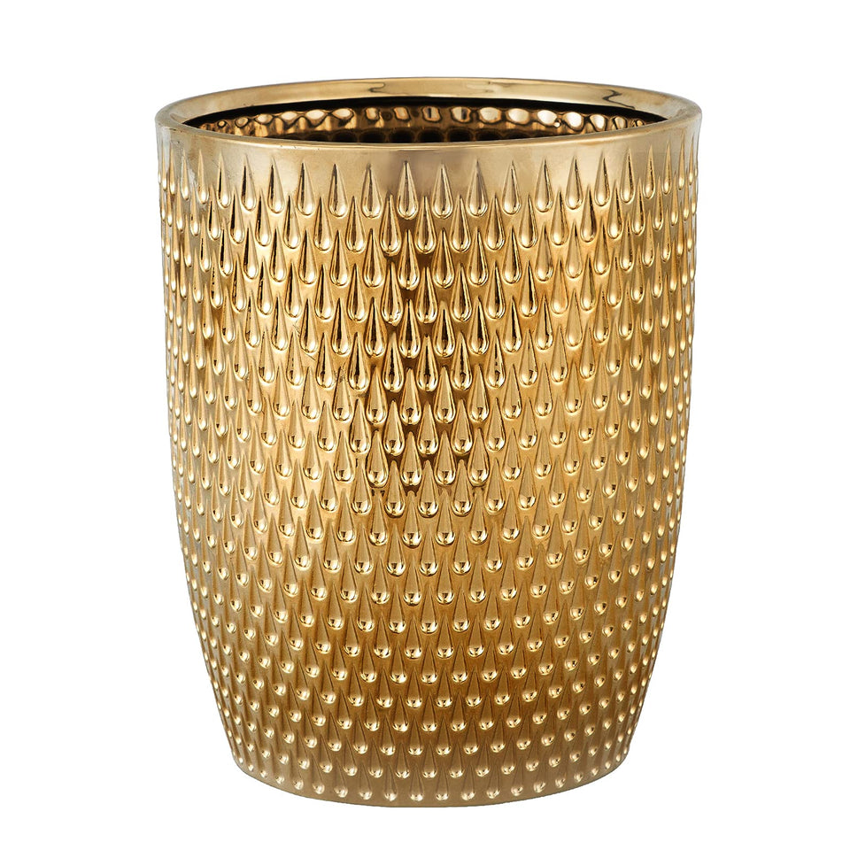 BASDHE modern golden trash can with round shape, ideal for bathrooms and powder rooms.