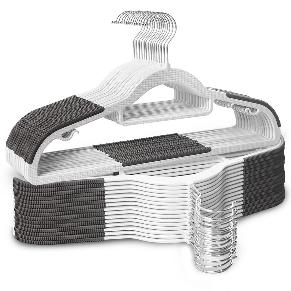 Baseca 30-pack hangers with non-slip shoulder strips keep tops secure.