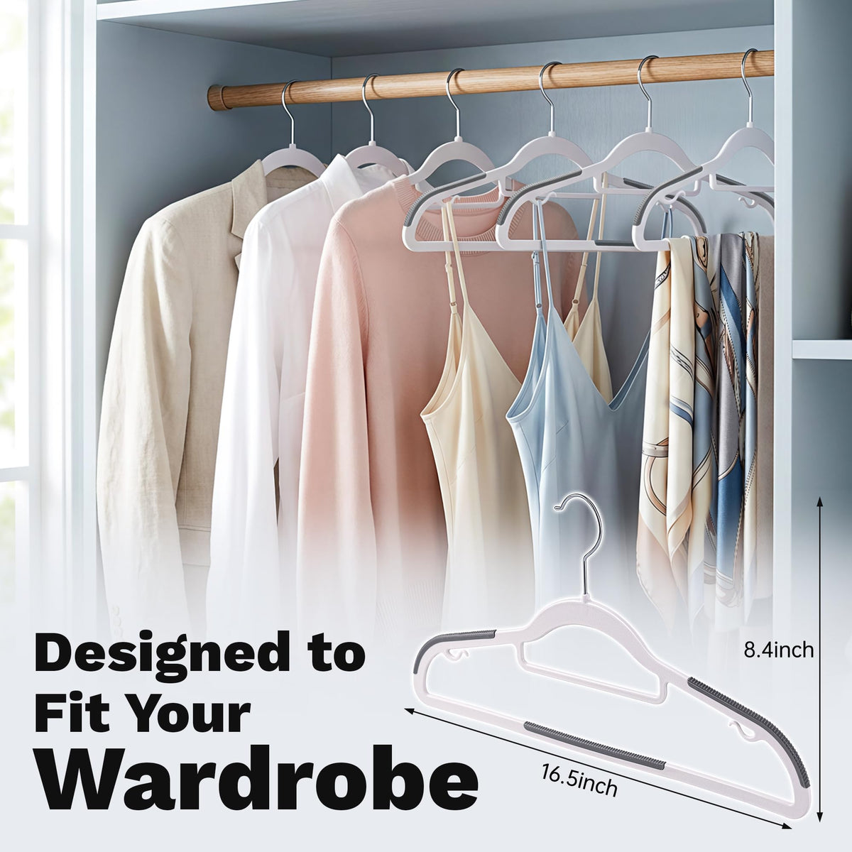 Baseca slim space-saving hangers maximize closet room for outfits.