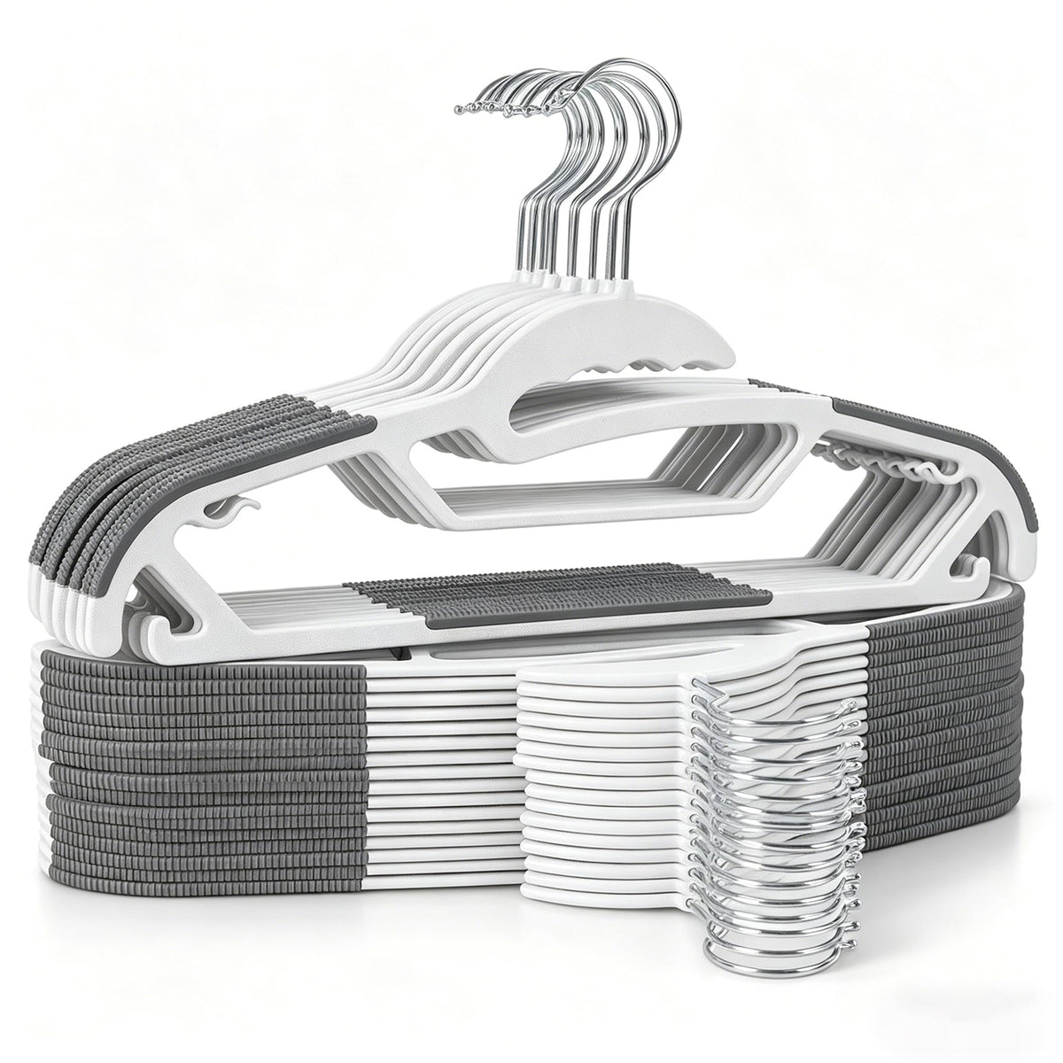 Baseca 30-pack hangers with non-slip shoulder strips keep tops in place.