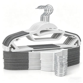 Baseca 30-pack hangers with non-slip shoulder strips keep tops in place.