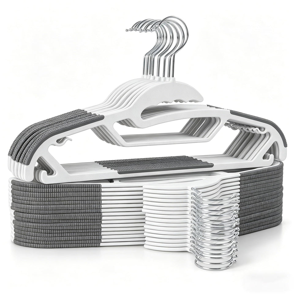 Baseca 30-pack hangers with non-slip shoulder strips keep tops in place.