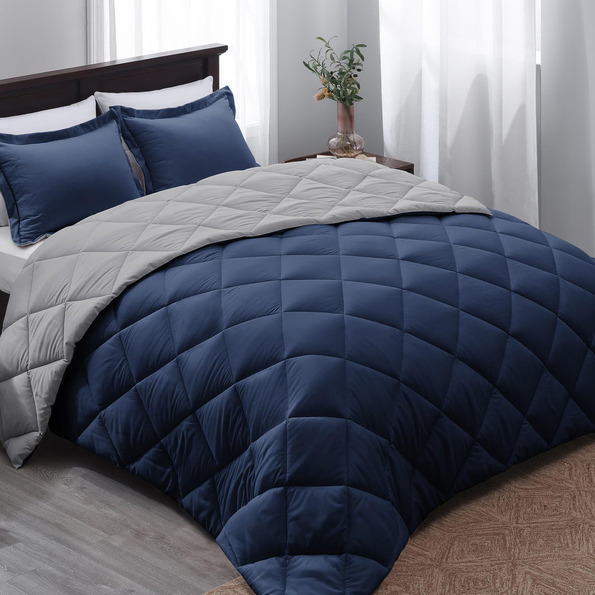 Basic Beyond full-size navy comforter front view for versatile styling.