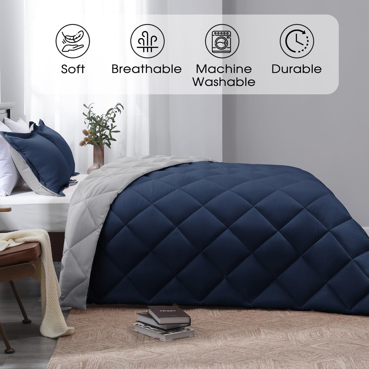 Basic Beyond navy-grey pillow shams with flange detail for a polished look.