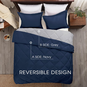 Basic Beyond reversible comforter showing two styles for easy room updates.