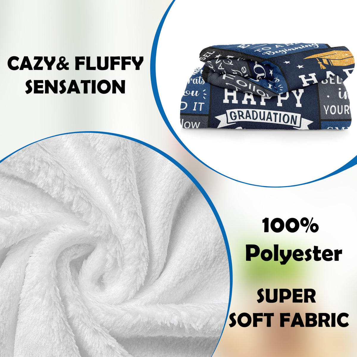 Basiole graduation blanket use scenarios demonstrate indoor and outdoor comfort.