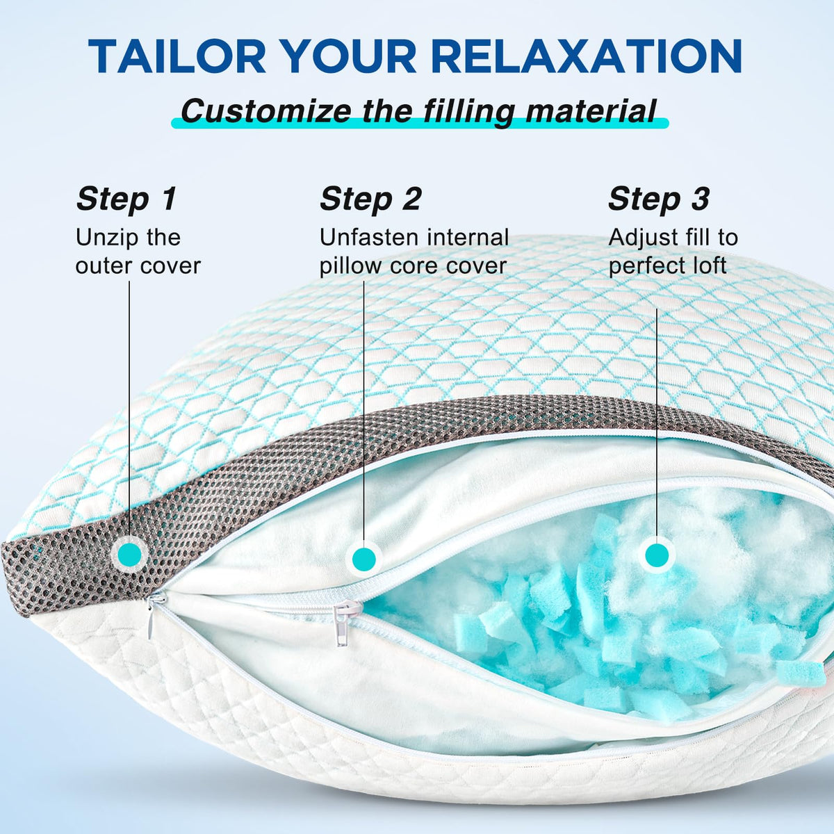 Baskbed shredded memory foam fill provides adjustable loft and support