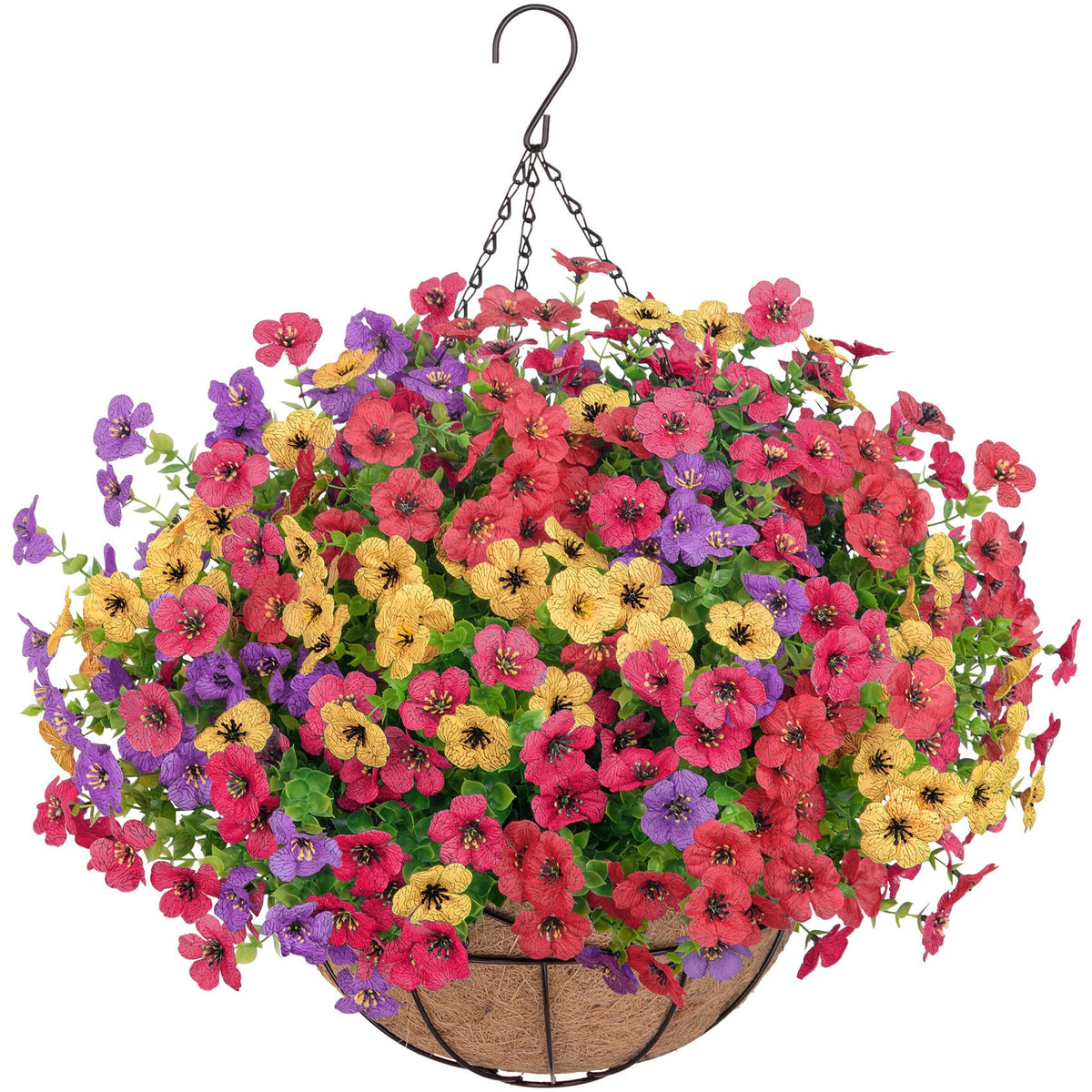 Bassion artificial daisies with eucalyptus in a rattan basket, ideal for year-round outdoor porch decor