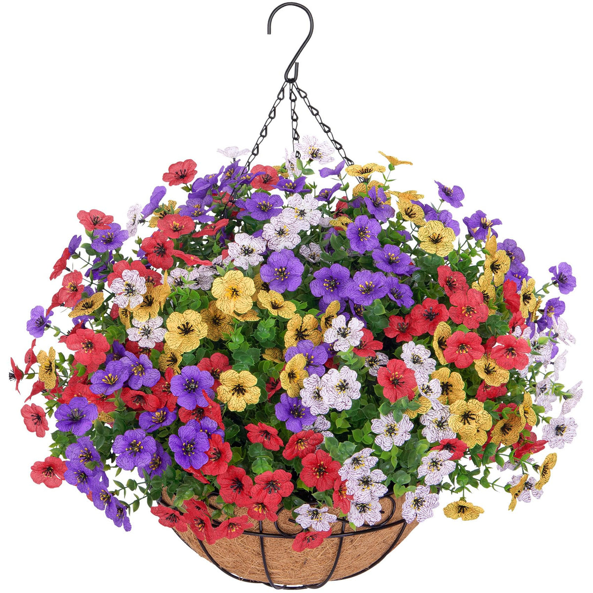 Bassion artificial hanging flowers on porch basket for year-round curb appeal.