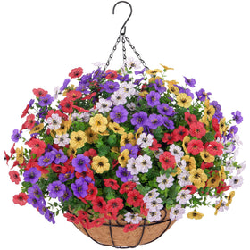 Bassion artificial hanging flowers on porch basket for year-round curb appeal.