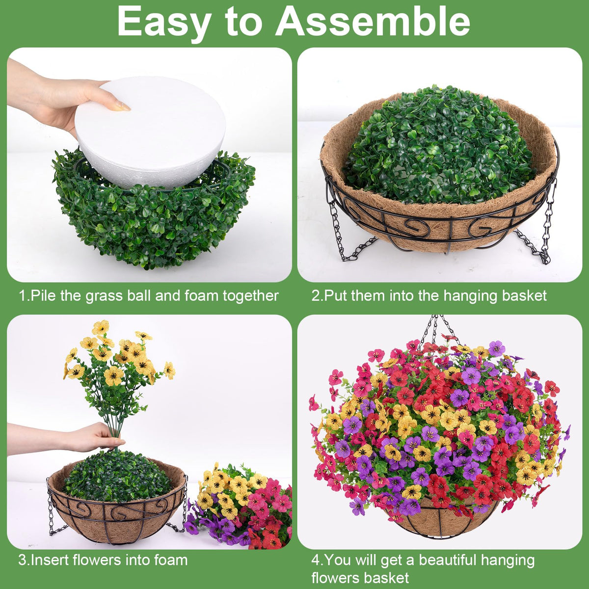 Bassion DIY hanging flowers basket setup showing iron wire stems for adjustable fullness