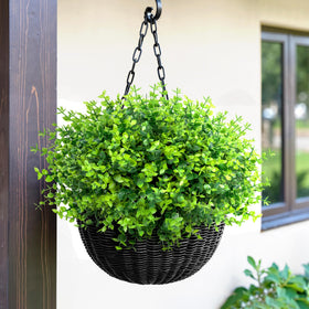 Bassion faux boxwood shrubs brighten porches, gardens, and patios.