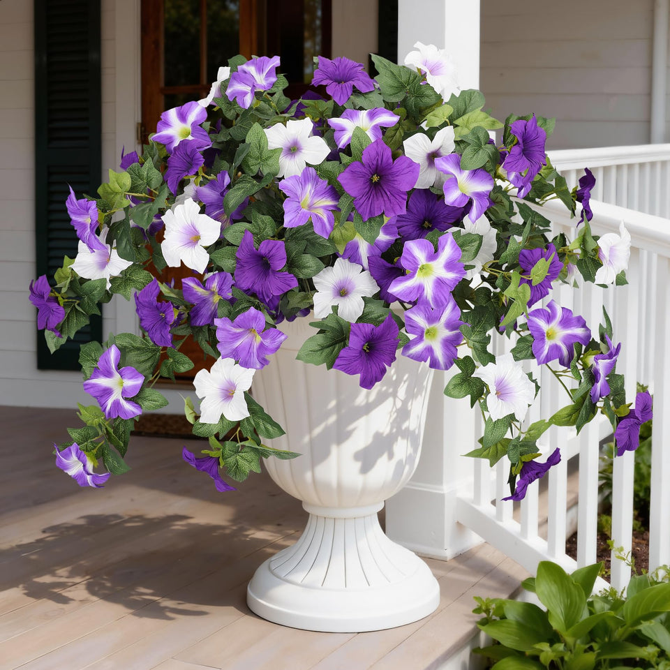 Bassion outdoor artificial petunias branch adds durable color to patios.