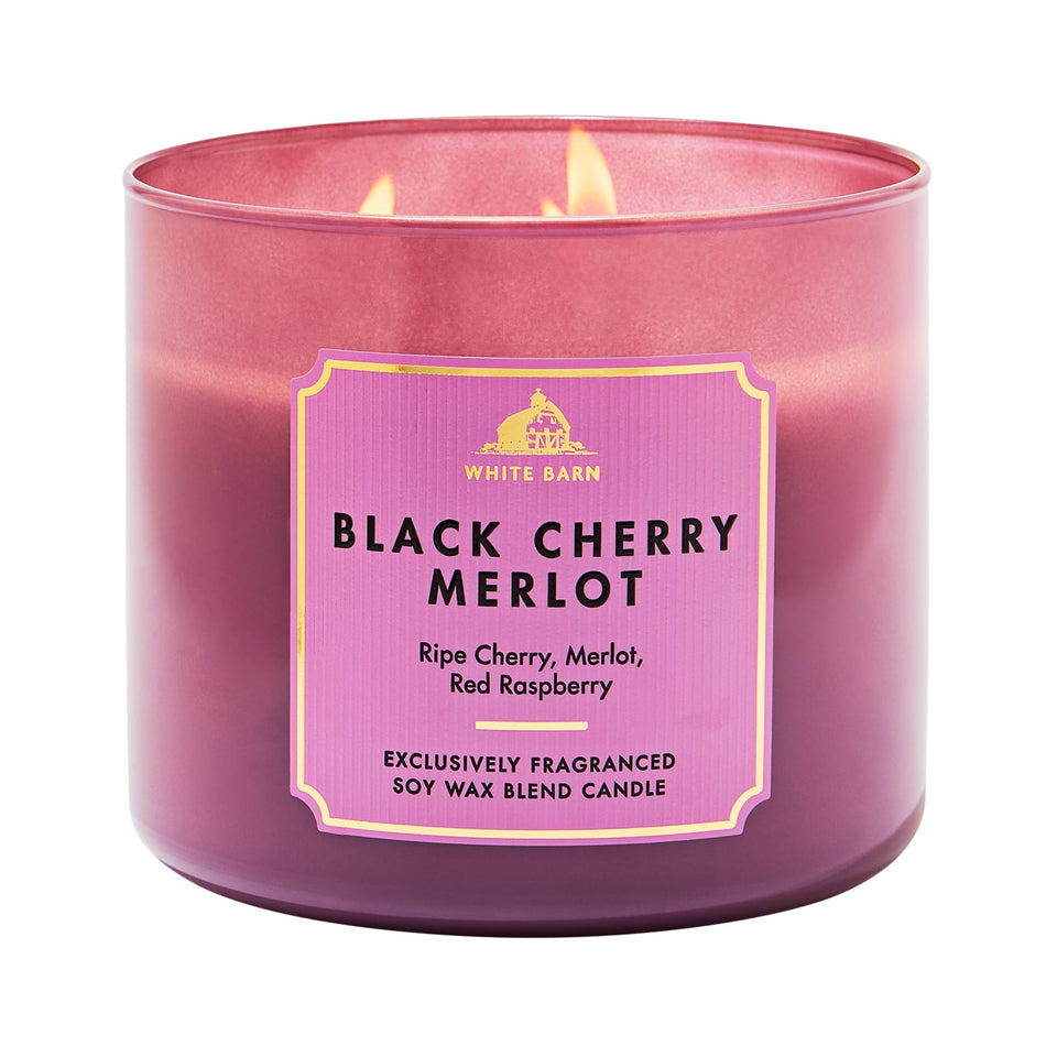 Bath and Body Works Black Cherry Merlot 3-Wick Candle front view highlights bold packaging and strong scent.