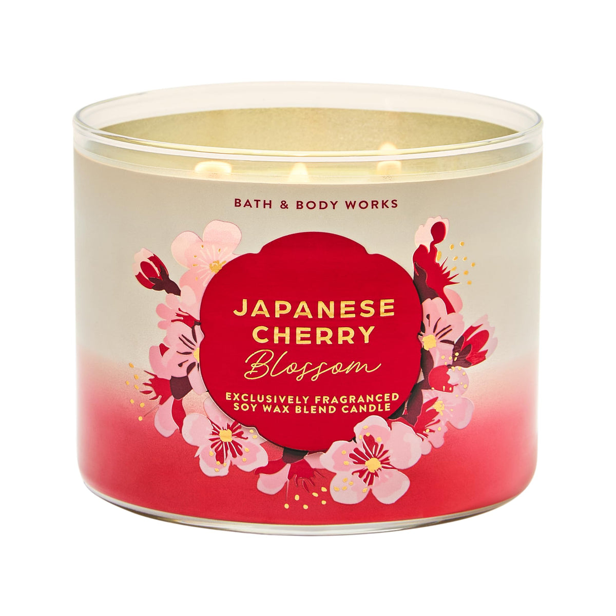 Bath & Body Works Japanese Cherry Blossom 3-Wick Candle jar displays strong, inviting scent.