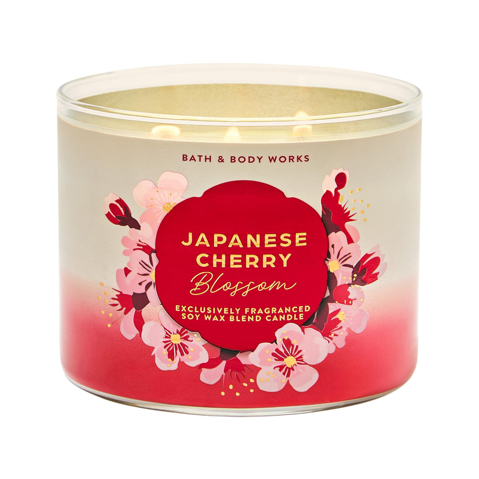 Bath & Body Works Japanese Cherry Blossom 3-Wick Candle jar displays strong, inviting scent.