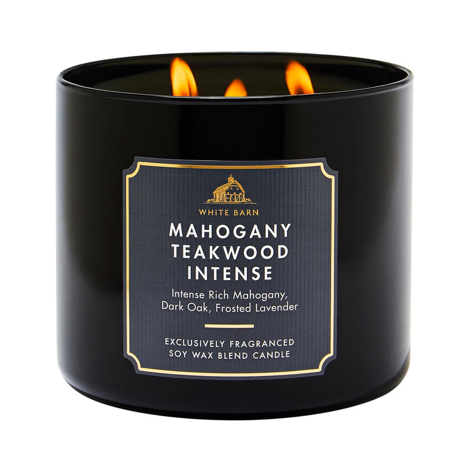 Bath & Body Works Mahogany Teakwood Intense 3-Wick Candle jar fills a space with warm scent