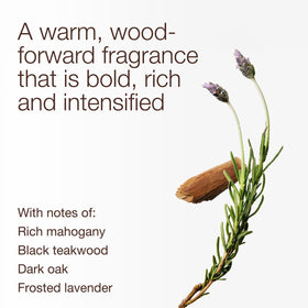 Woodsy mahogany-teakwood scent with lavender notes for refined ambiance