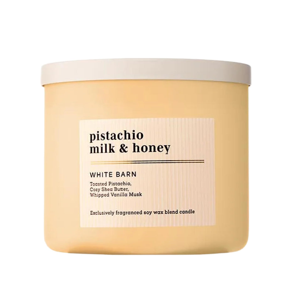 Bath & Body Works Pistachio Milk & Honey candle jar glows softly for cozy evenings