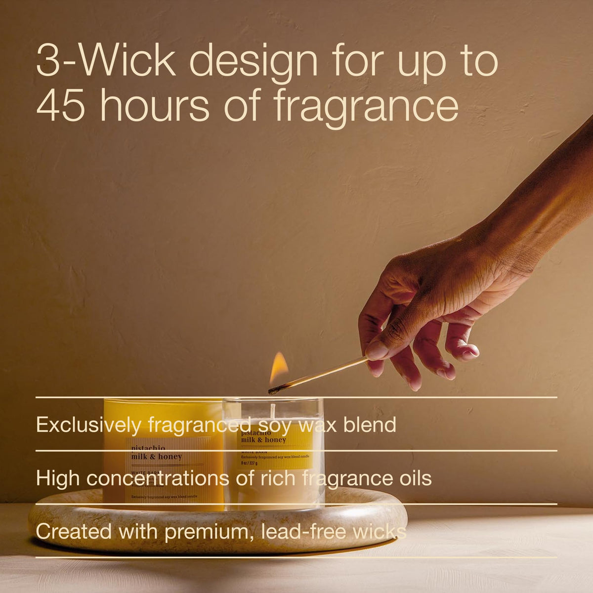 Three wicks ensure balanced burn for the Pistachio Milk & Honey candle