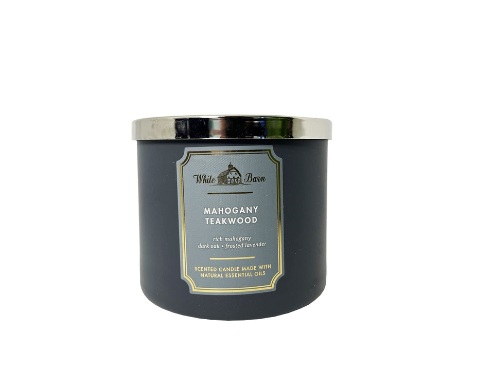 Bath and Body Works White Barn Mahogany Teakwood candle front view for cozy spaces