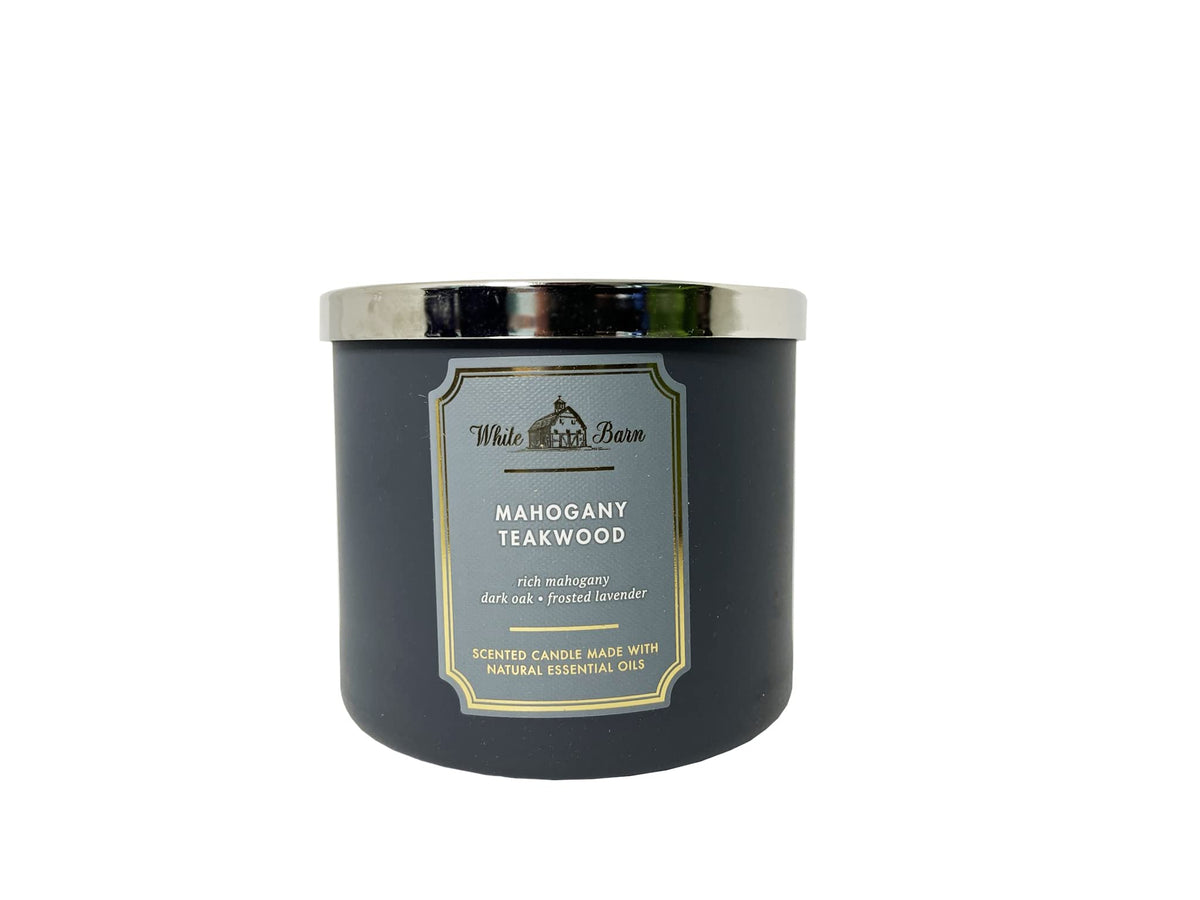 Bath and Body Works White Barn Mahogany Teakwood candle label closeup showing classic scent