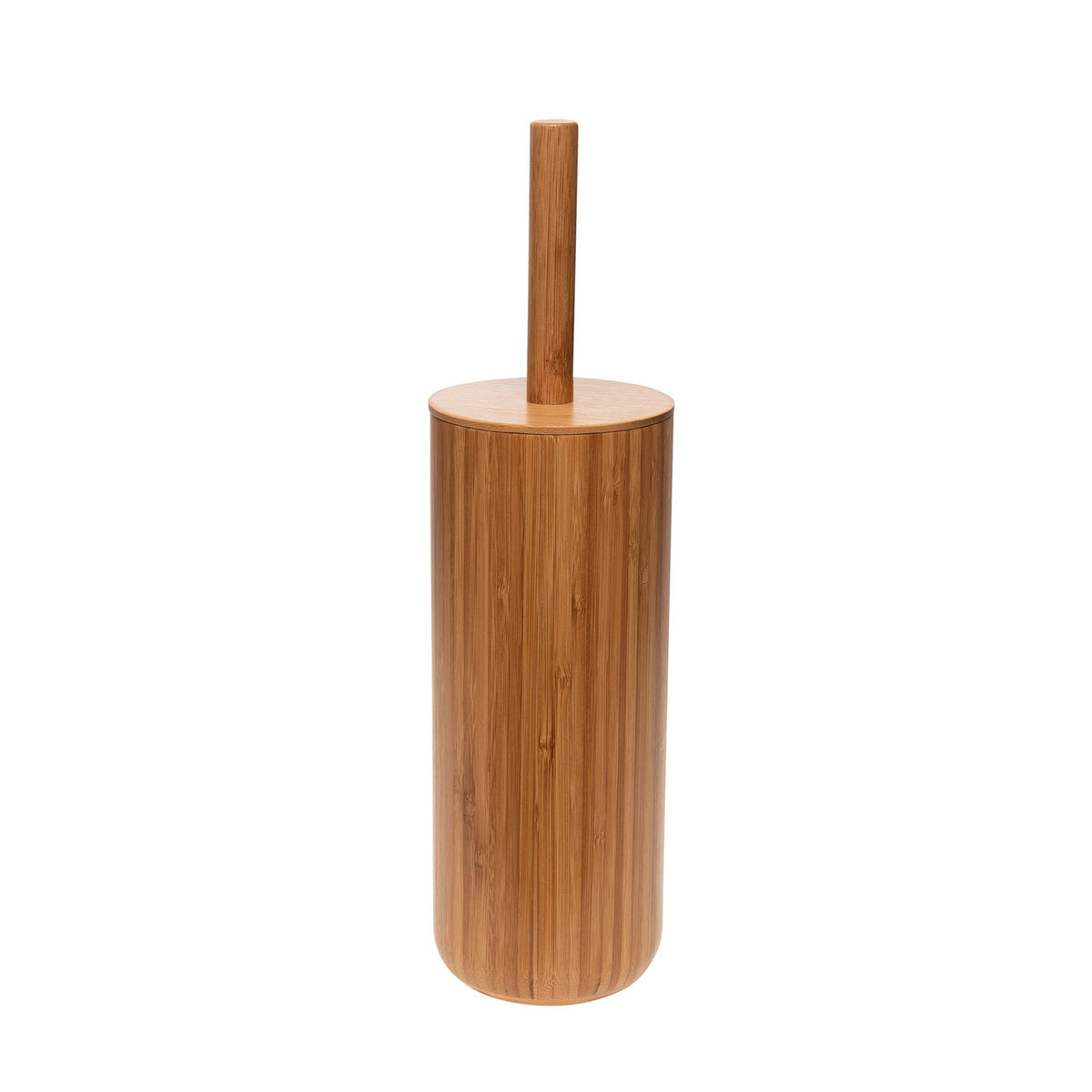 Bath Bliss rounded bamboo toilet brush with lid offers discreet storage.