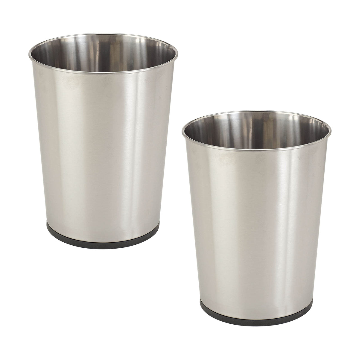 Bath Bliss round open-top wastebasket in stainless steel, ideal for small spaces.