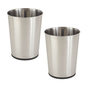 Bath Bliss round open-top wastebasket in stainless steel, ideal for small spaces.